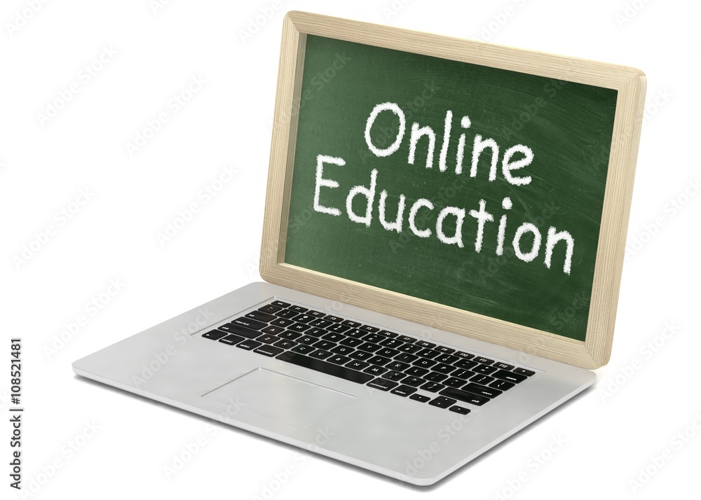 Laptop with chalkboard, online education concept. 3d rendering. Laptop with chalkboard, online education concept. 3d rendering.