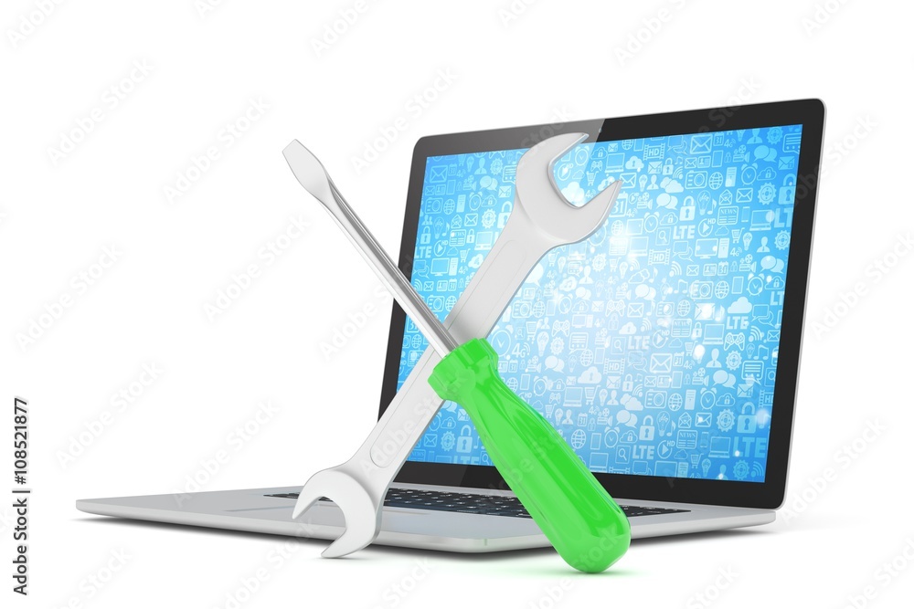 3D Illustration Wrench and screwdriver on laptop, service concept 3D Illustration Wrench and screwdriver on laptop, service concept