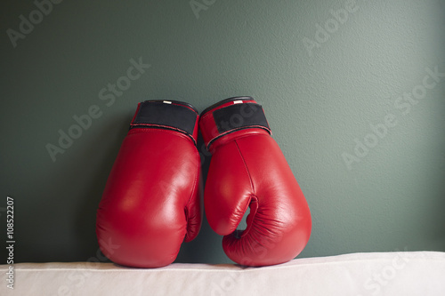 Boxing gloves on a green background. © jamesteohart