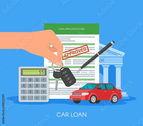 Approved car loan vector illustration. Buying automobile concept. Hand holding key