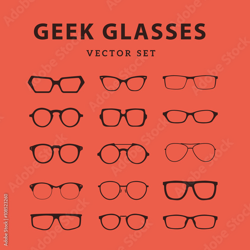 Set of glasses. Vector illustration on white background. Glasses model icons, man, women frames. Sunglasses, eyeglasses isolated on white. silhouettes. Different shapes, frame, styles
