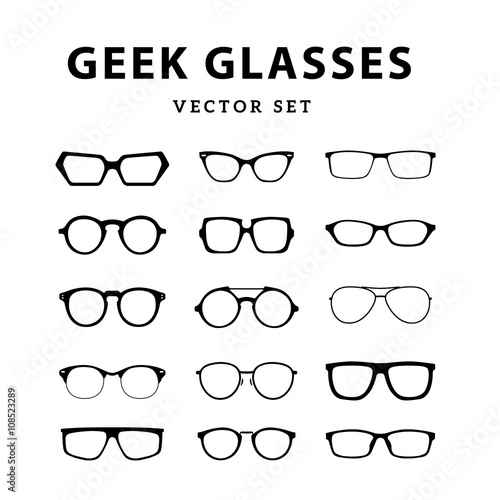 Set of glasses. Vector illustration on white background. Glasses model icons, man, women frames. Sunglasses, eyeglasses isolated on white. silhouettes. Different shapes, frame, styles
