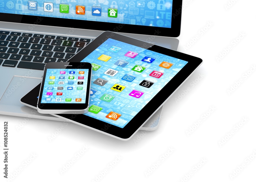 Laptop, phone and tablet pc. 3d rendering. Laptop, phone and tablet pc. 3d rendering.