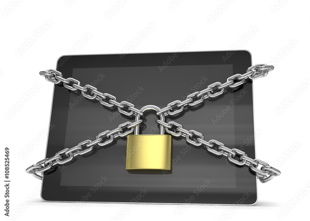 tablet PC with chains and lock isolated on white background. 3d rendering. tablet PC with chains and lock isolated on white background. 3d rendering.