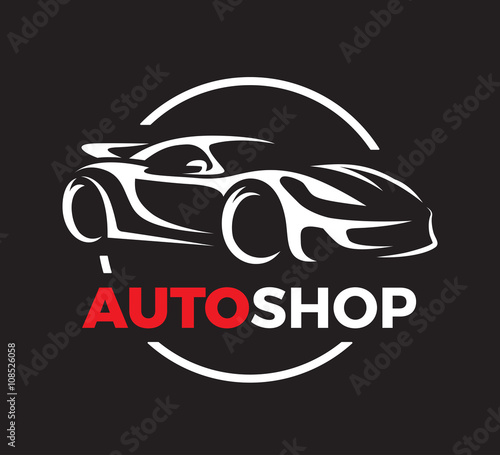 Original auto motor concept design of a super sports vehicle car auto shop logo silhouette on black background. Vector illustration.