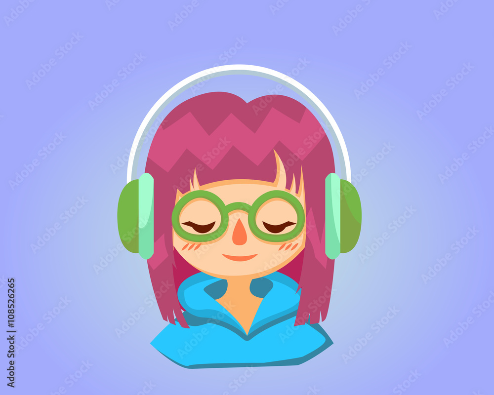 Cute happy girl with glasses listens to music. Vector cartoon illustration.
