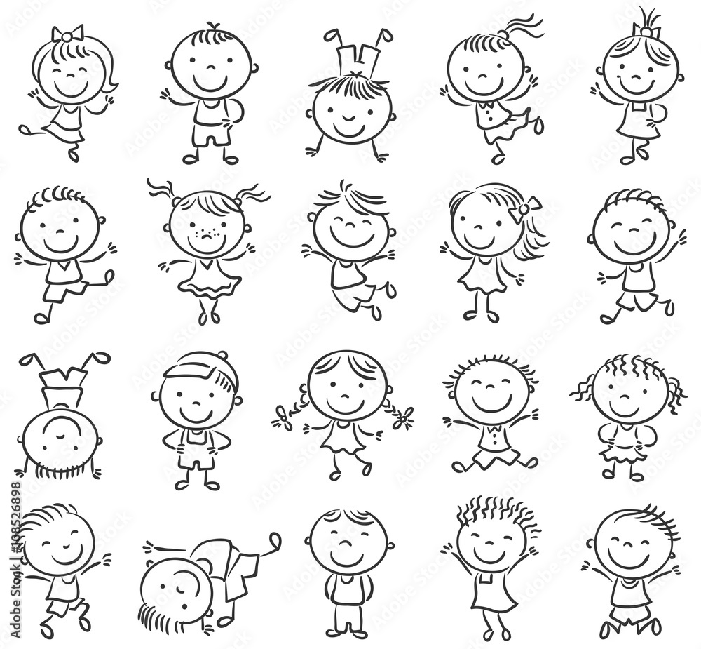 Twenty sketchy happy kids jumping with joy, black and white outline
