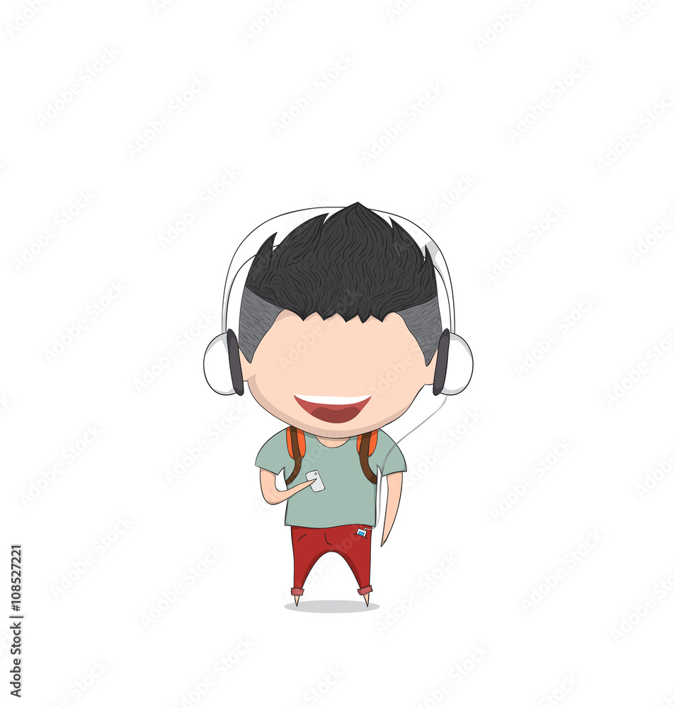 Male teens playing with phone happy. Drawing by hand vector