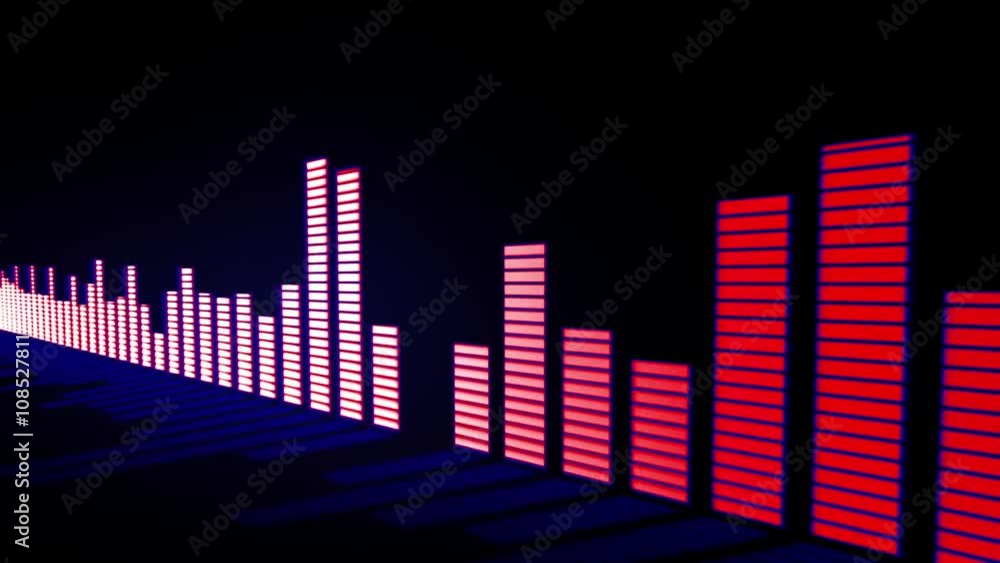 Music control levels. Glow pink-red with blue glow audio equalizer bars moving with the reflection from the mirror surface. Slide. Music control levels. Glow pink-red with blue glow audio equalizer bars moving with the reflection from the mirror surface. Slide.