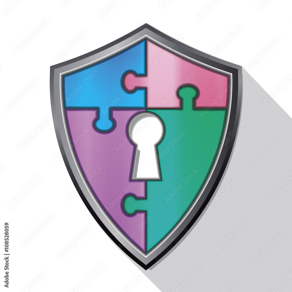 Security puzzle flat icon with shield and key hall, vector Security puzzle flat icon with shield and key hall, vector