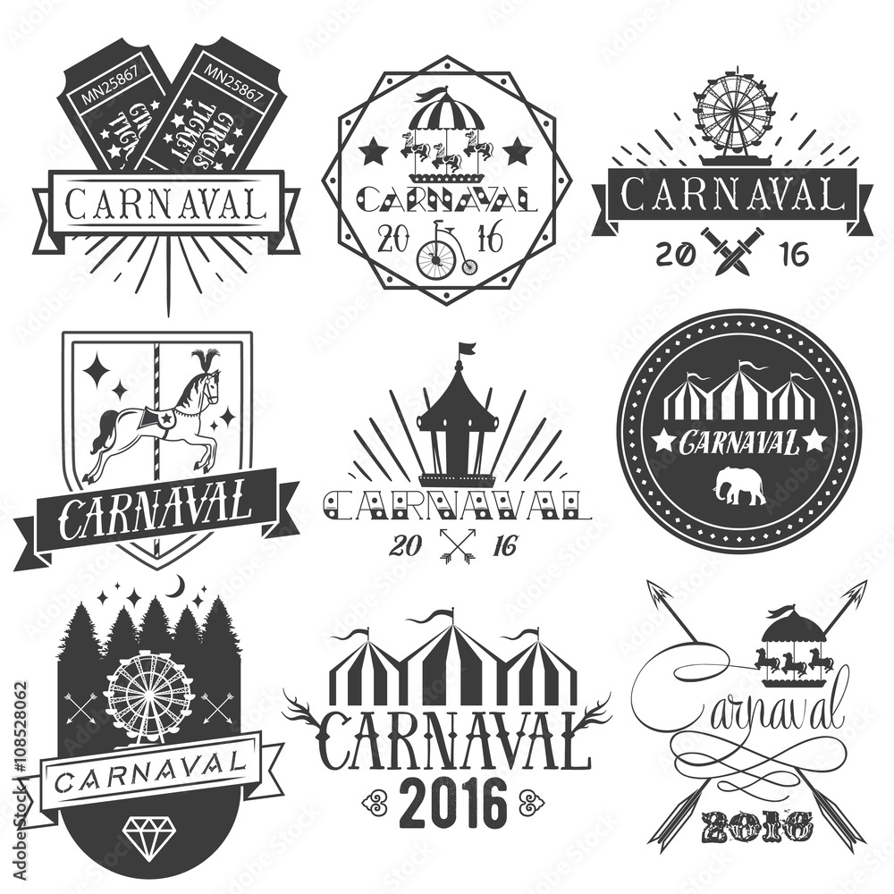Vector set of circus and carnival labels in vintage style. Design elements, icons, logo, emblems, badges isolated on white background. 