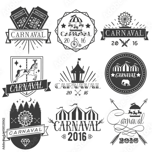 Vector set of circus and carnival labels in vintage style. Design elements, icons, logo, emblems, badges isolated on white background. 