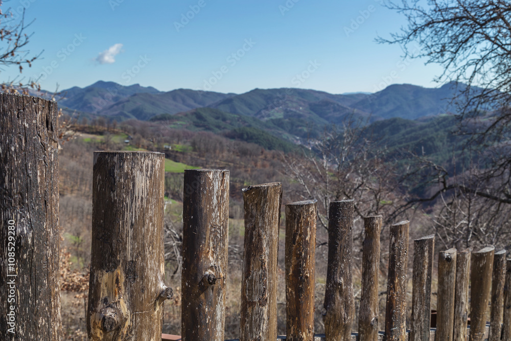 Wooden fence and mountain in the background, Rhodope Mountains, Bulgaria, Europe