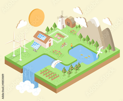 Isometric Village Country City Eco Green Environment Concept Iso