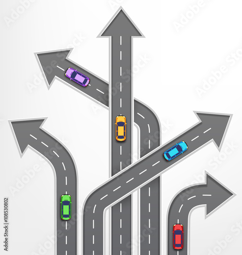 Roads Arrows Travel Background with Cars on White