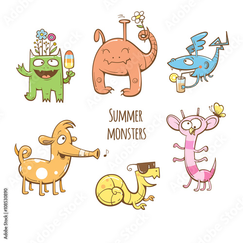 Fototapeta Naklejka Na Ścianę i Meble -  Cartoon summer monsters set. Summer food and drink. Vector image. Children's illustration. Cute monsters collection.