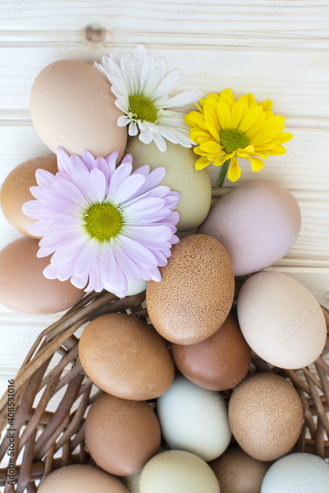 Fresh organic chickeneggs overflow out of basket with chrysanthe Fresh organic chickeneggs overflow out of basket with chrysanthe