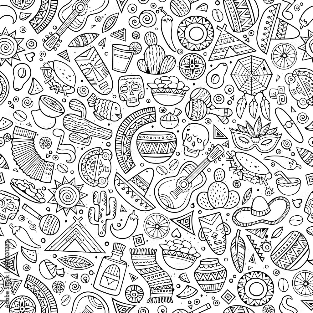 Cartoon hand-drawn latin american, mexican seamless pattern