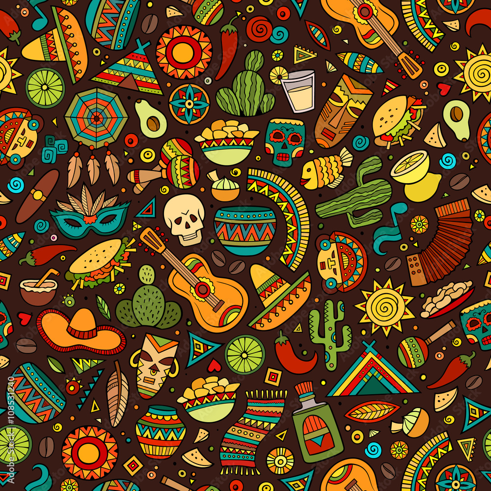 Fototapeta premium Cartoon hand-drawn latin american, mexican seamless pattern