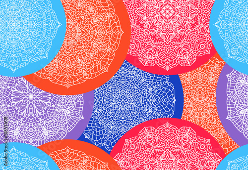 Vector seamless pattern, white lace snowflakes on multicolored circles, winter elements for your design