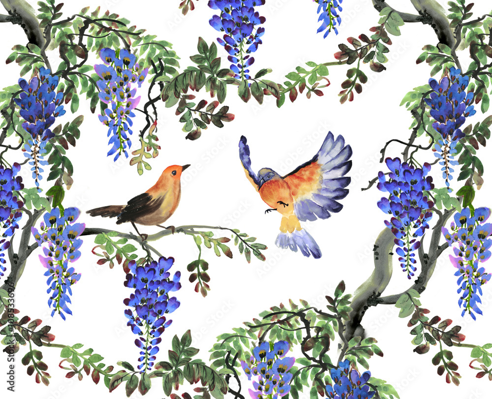 blue wisteria tree and birds blue wisteria tree and birds