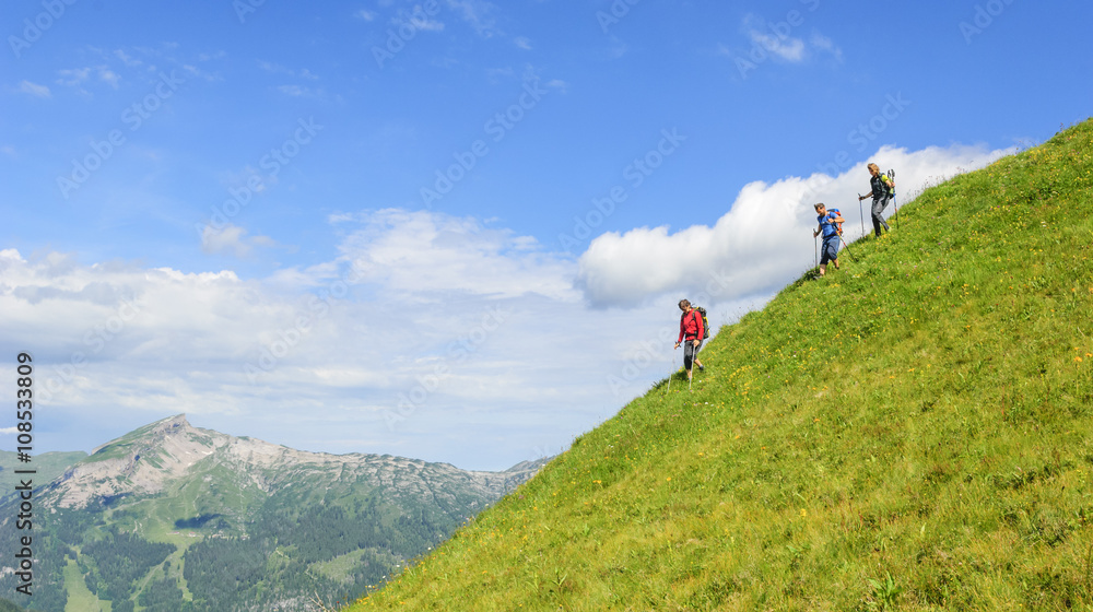 Wandergruppe steigt über eine Bergwiese ab