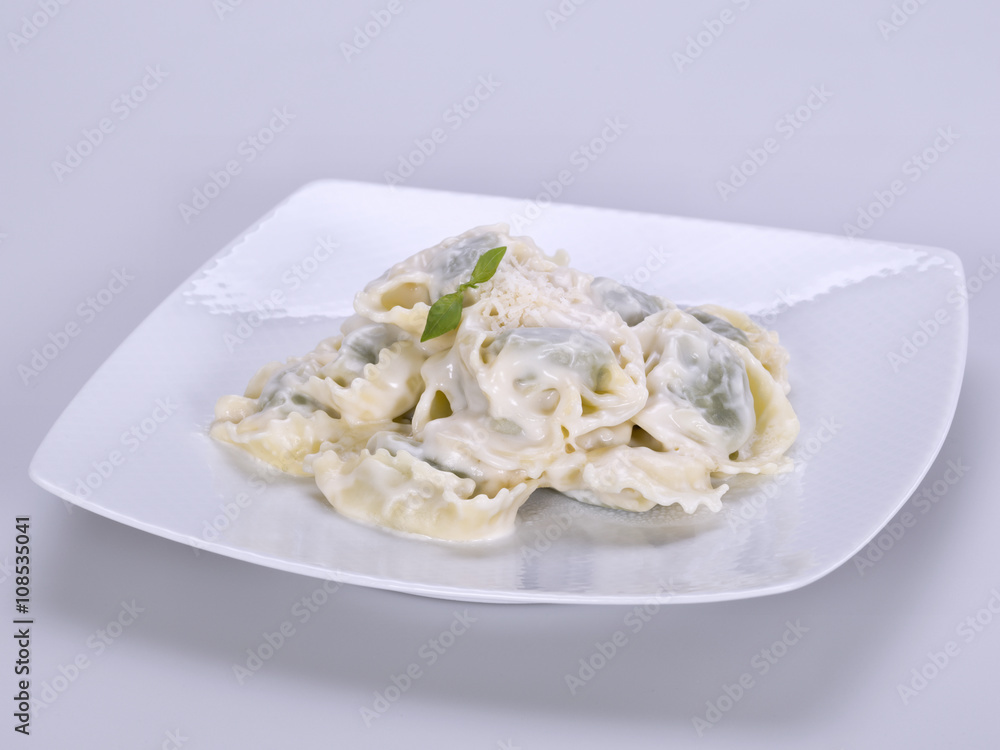 Closeup of a bowl of tortellini stuffed with spinach, four cheese sauce Closeup of a bowl of tortellini stuffed with spinach, four cheese sauce
