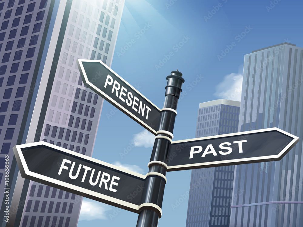 Obraz premium 3d road sign saying present and past and future