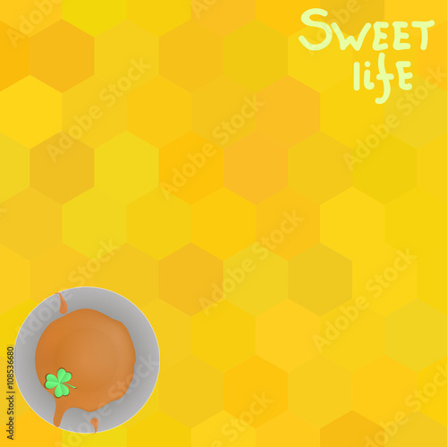 Bucket with honey and clover leaf on a background of honeycombs.