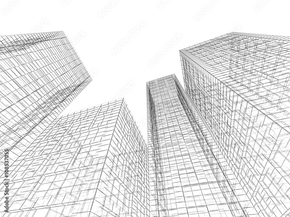 3d Buildings perspective, black wire frame lines 3d Buildings perspective, black wire frame lines