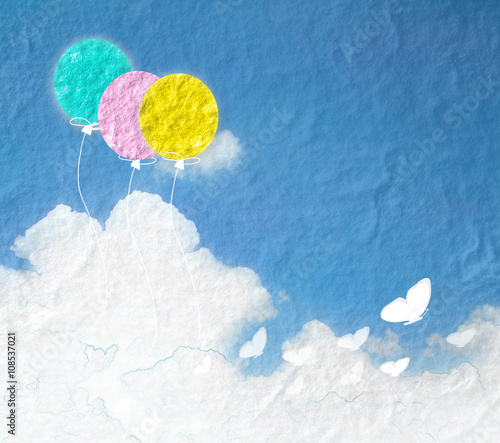 Grunge image of blue sky with clouds and colorful.Colorful ballo