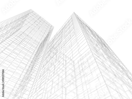 Modern 3d buildings, black wire frame lines