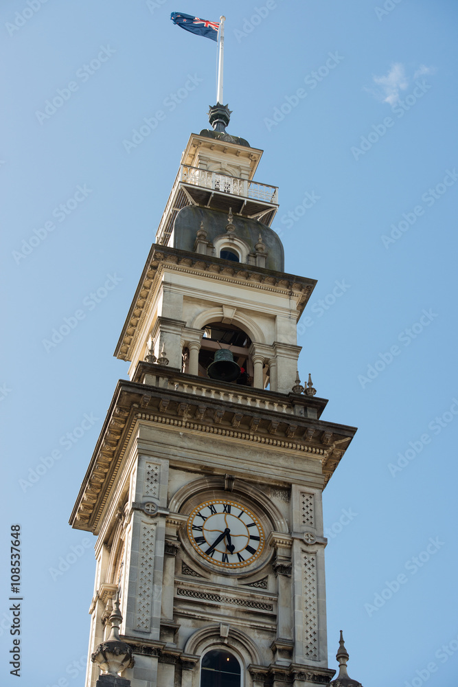 Clock tower of Dunedin Town Hall, New Zealand