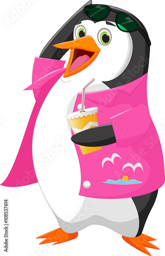 cute cartoon penguin holding a drink