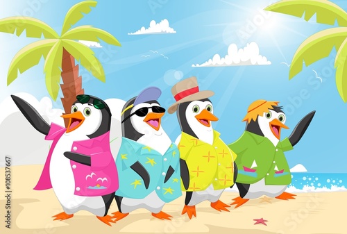 cute penguins on the beach summer