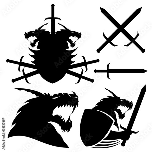 Dragon, shield and swords.