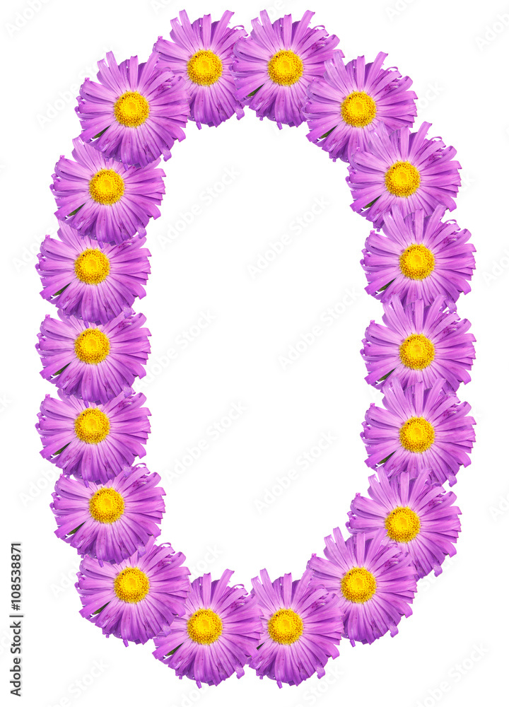 number 0 composed of colors purple asters. Isolated on white bac