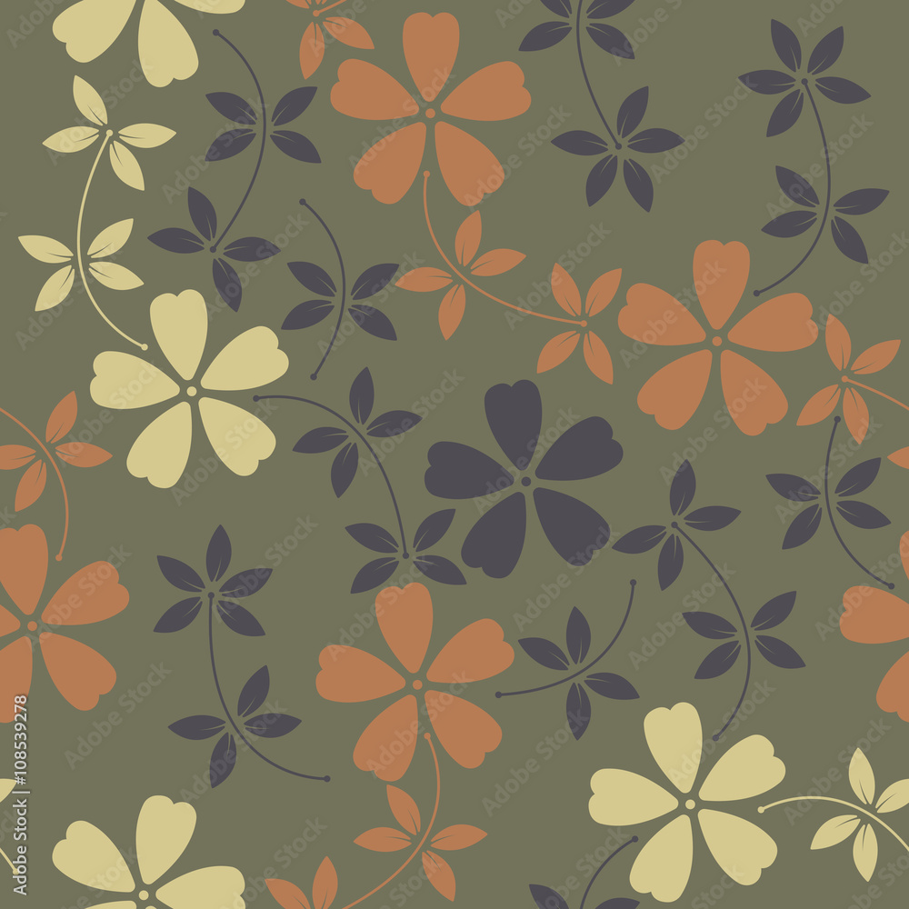 Endless pattern with decorative flowers and leaves on green back