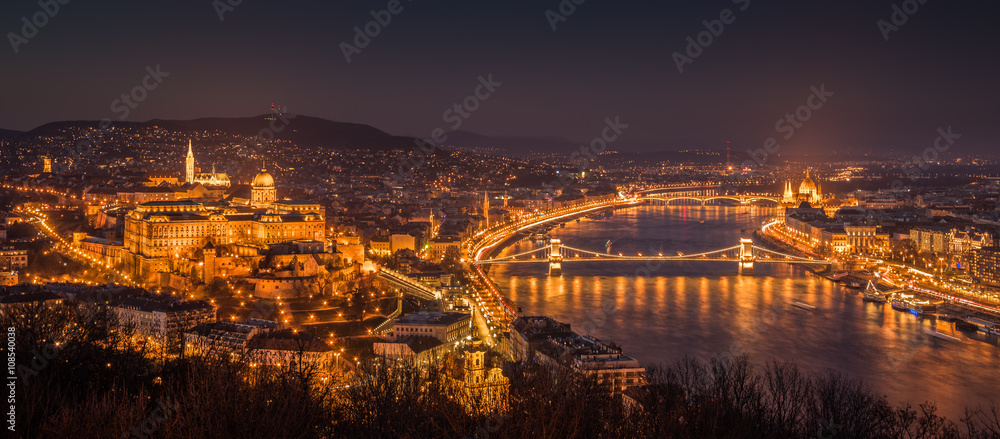 Panoramic View of Budapest with Street Lights and the Danube River at Twilight as Seen from Gellert Hill Lookout Point