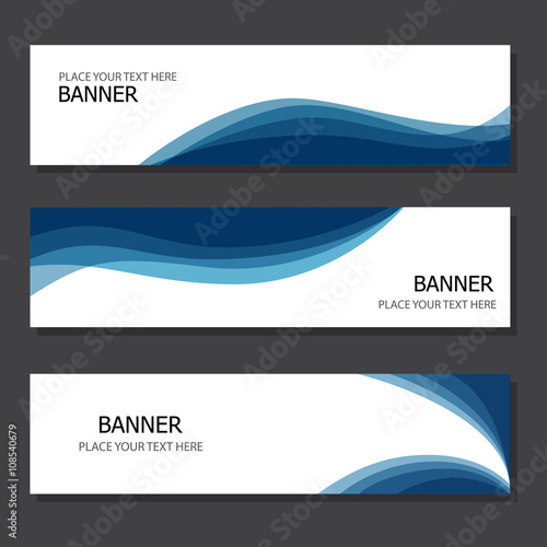 set of three banners, abstract headers with blue wave