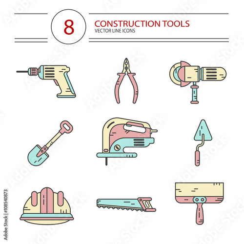 Vector modern line style color icons set of construction tools: pliers, drill, spatula, helmet, shovel, saw, electric jig saw, angle grinder. Isolated on white background.