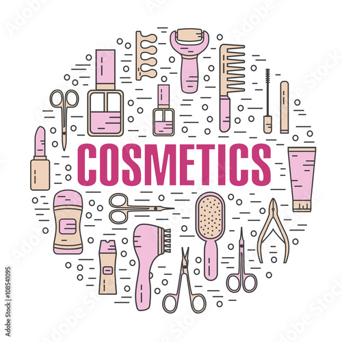Vector modern line style color illustration of beauty, makeup and cosmetics products. Perfume bottle, shampoo, lipstick, lip gloss, nail polish, brushes, deodorant, brush. Round shape icons set.