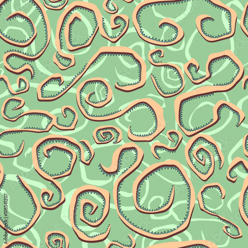 Seamless abstract vector pattern with curves and prickles made in green and orange colors