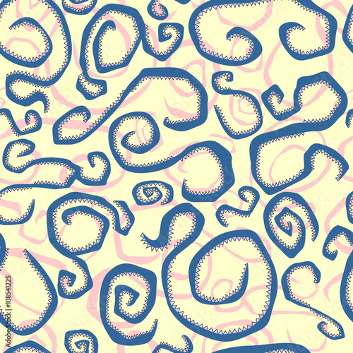 Seamless abstract vector pattern with curves and prickles made in yellow and blue colors
