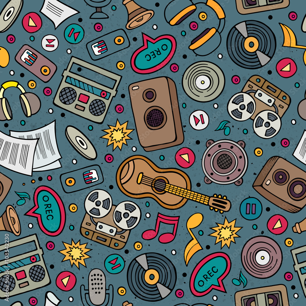 Naklejka premium Cartoon hand-drawn musical instruments seamless pattern