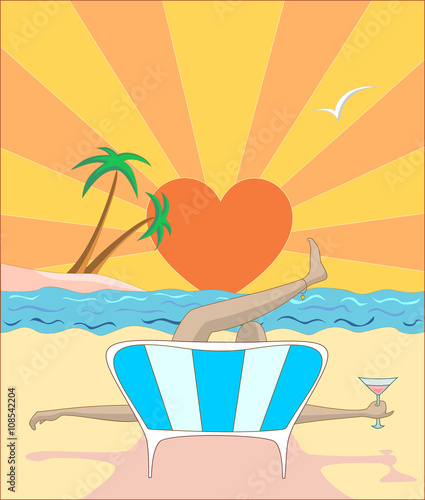 Vector illustration woman lying on sunbed on beach with cocktail during sunset in front of island with palms