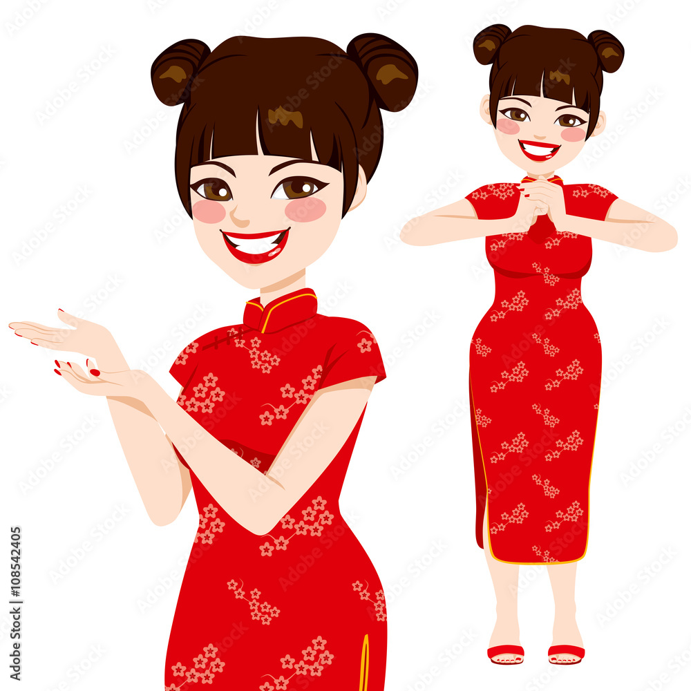 Beautiful chinese woman in traditional red dress making martial arts