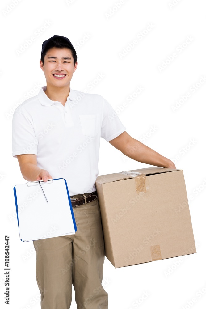 Delivery man with cardboard box and clipboard Delivery man with cardboard box and clipboard