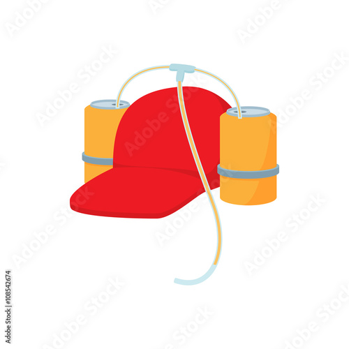 Baseball cap and two aluminum cans with straw icon
