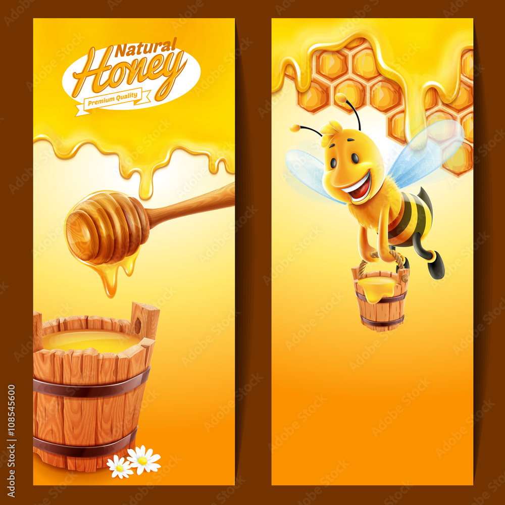 frame honey with bee and stick - obrazy, fototapety, plakaty 